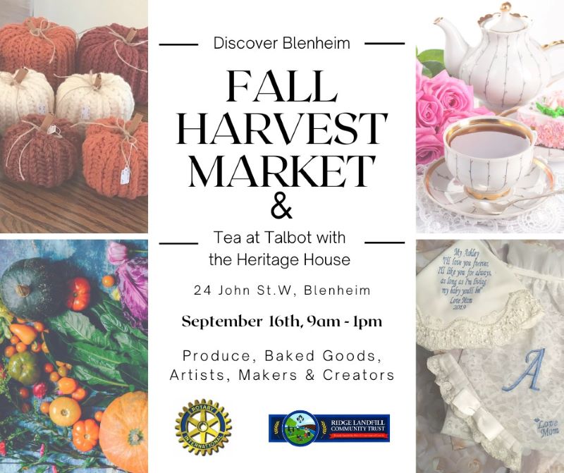 Discover Blenheim Fall Harvest Market next Sat Sept 16. 
Produce, Baked Goods, Artists, Makers and Creators. Something for everyone. See link for details.

facebook.com/events/6373424…

#SeeYouinCK #VisitCK #CKont #DiscoverOntario