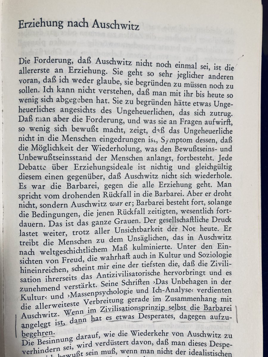 JanSueselbeck's tweet photo. Eine Seite von Theodor W. #Adorno zu seinen 120. #Geburtstag. Aktuell und dringend wie eh und je: #Erziehung nach #Auschwitz. https://t.co/k72JDC32MP