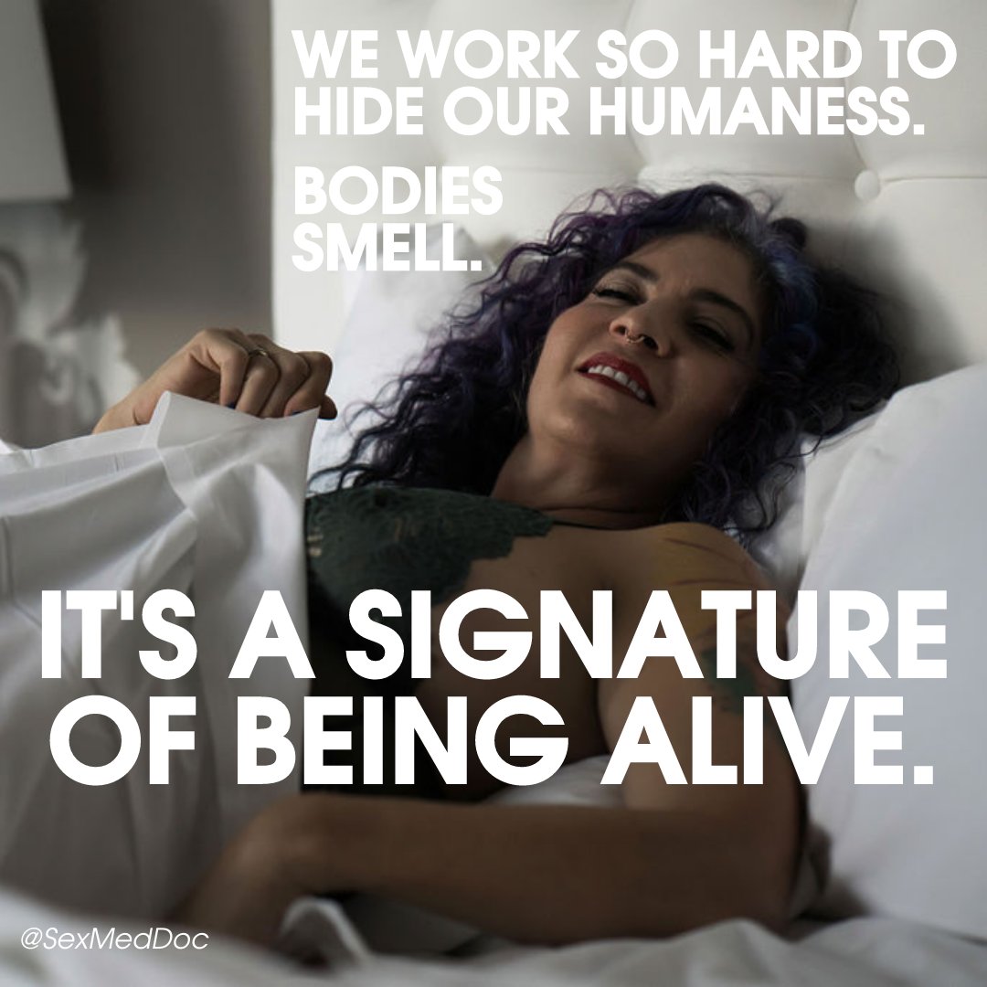 evelindacker's tweet photo. Bodies smell.
We work so hard to hide our humaness.

This morning as I raised my arms in bed, I took myself in.
My odor has changed with my hormones. (“They” say that happens because we no longer need to have the yummy pheromones to call in reproductive partners.)
But honestly, I https://t.co/dJIgt6Vh3k