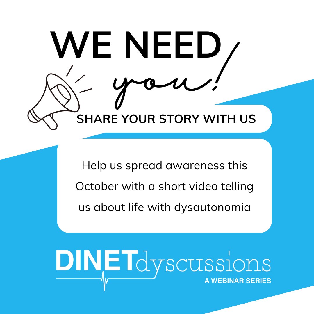 DINETorg's tweet photo. WE NEED YOUR HELP!
As a part of this year's DINET Dyscussion series, DINET is asking you to share a video about living with dysautonomia.

Sharing is EASY with our step-by-step tutorial!
https://t.co/LN3b3xNvER
#dysautonomia #pots  #ehlersdanlos #chronicillness #invisibleillness https://t.co/S1uCTq0niv