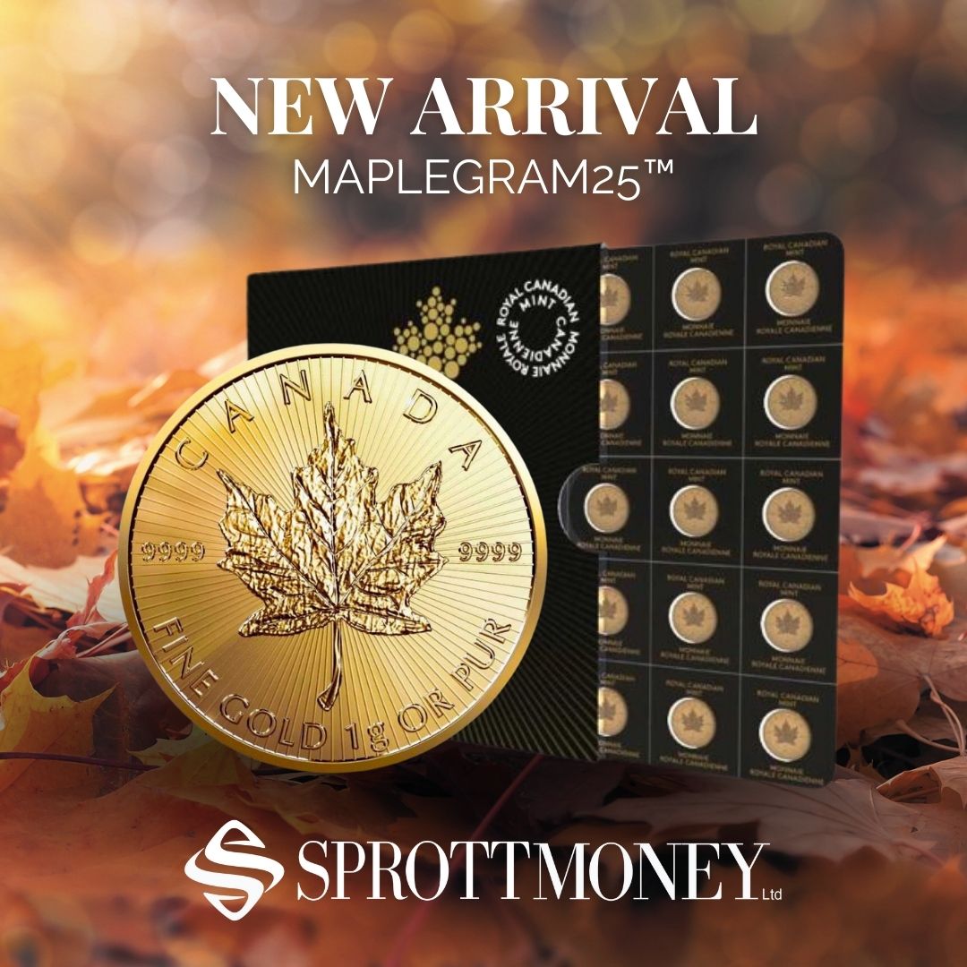 SprottMoney's tweet photo. New Arrival 🍁 The Maplegram25™ collection from the RCM is available for order only in Canada. Each Maplegram25™ includes a divisible blister pack containing twenty-five #GoldMapleLeaf #coins — each coin is .9999 pure #gold and weighs 1 gram. Shop now: https://t.co/BRGdqX7Sc7 https://t.co/XKlYl6xcBe