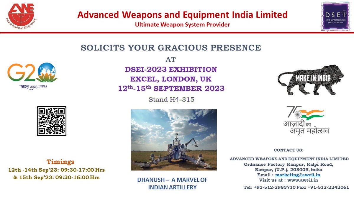 Advanced Weapons &amp; Equipment India Ltd. (AWEIL  <a href="/connectaweil/">aweil</a>) requests your gracious presence at India Pavilion <a href="/DSEI_event/">DSEI 2023</a>   being organised at Excel London, UK from 12th to 15th Sept'23 (Stand H4-315)