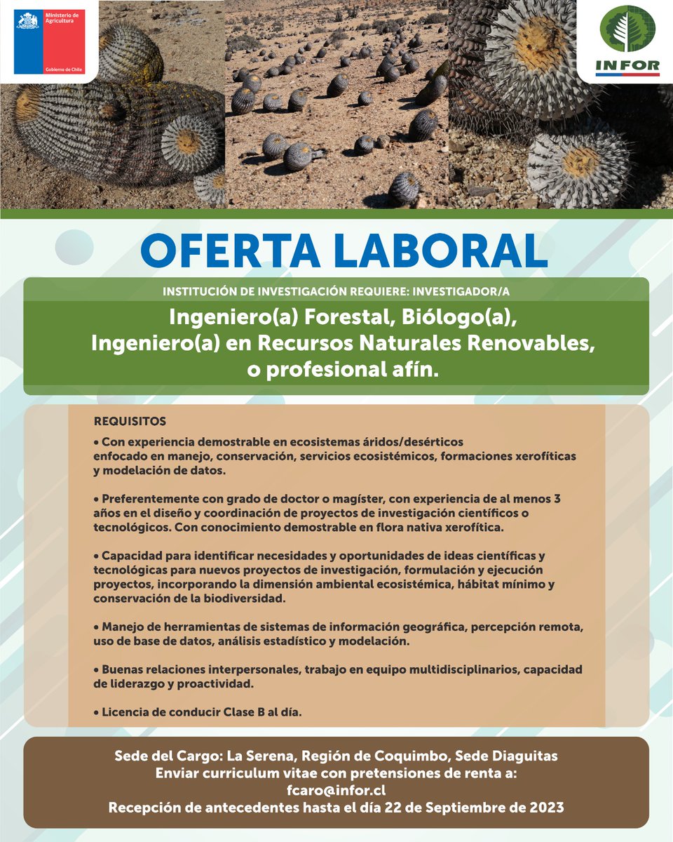📣 ATENCIÓN OFERTA LABORAL 
INFOR busca investigador o investigadora 🧑‍🔬 🕵️para su sede Diaguitas ✅Mirar requisitos en la publicación y postular a través del email fcaro@infor.cl, mencionando tus pretensiones de renta 🌱