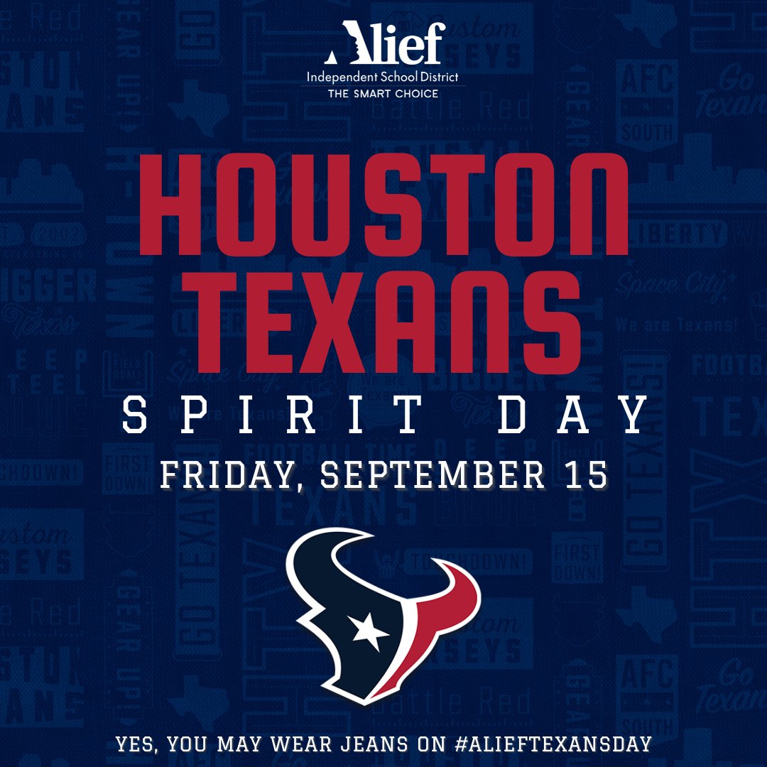Friday, September 15 will be Houston Texans Spirit Day in Alief ISD! Alief ISD Superintendent Dr. Anthony Mays approved Houston Texans Day in Alief ISD to celebrate their first HOME game. Let’s go Texans! #AliefTexansDay