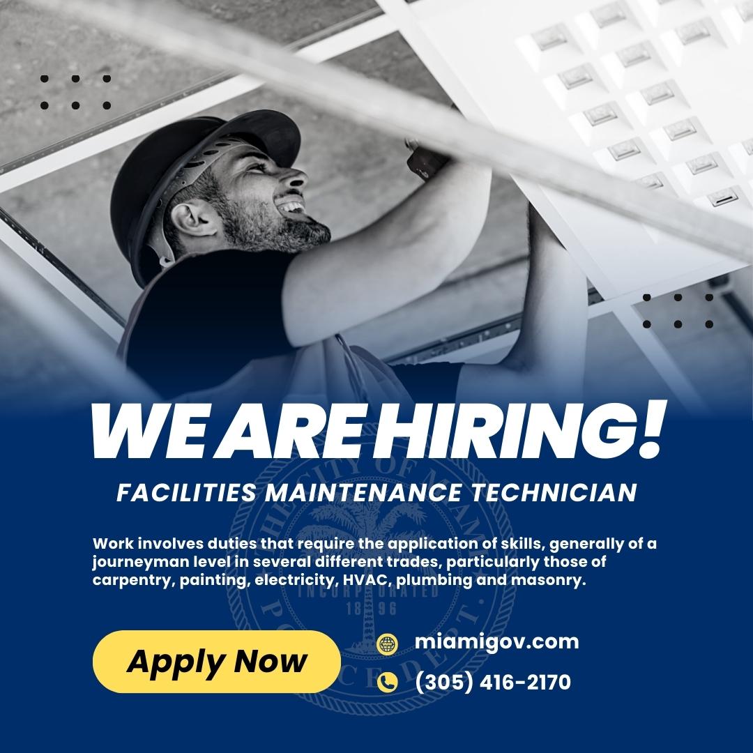 We are #hiring for Facilities Maintenance Technicians. Work involves the application of skills of a journeyman level in different trades, particularly those of carpentry, painting, electricity, HVAC, plumbing and masonry.  

For more info go to: governmentjobs.com/careers/miamif…