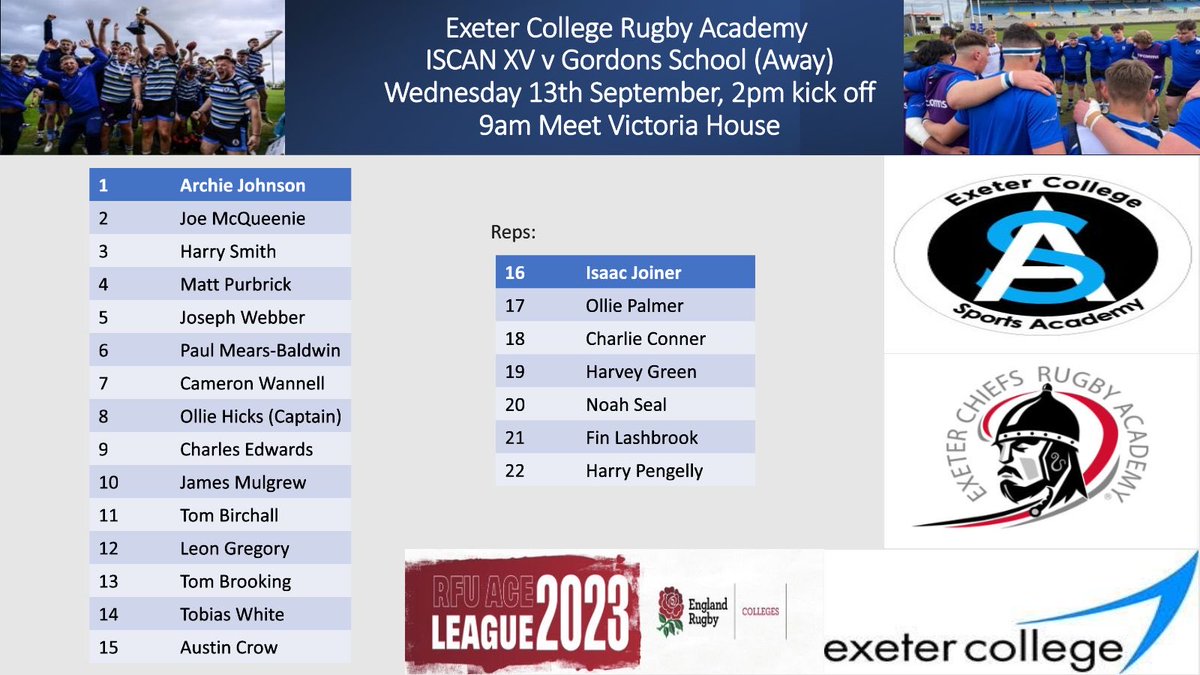 execollsport's tweet photo. TEAMS ARE OUT! Wednesday 13th September ⁦@ExeterCollege⁩ @exeterchiefsacademy ⁦@execollsport⁩ ⁦@ExeterChiefs⁩ ⁦@EngRugColleges⁩ #JointheJourney #exefam https://t.co/r94RvNFjl8