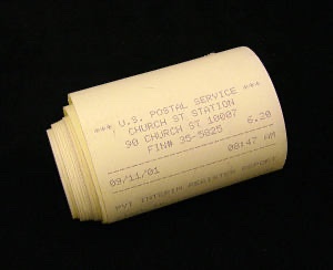 Mail destined for the World Trade Center was processed by the Church Street Post Office across the street. This register receipt tape dated 9/11/01 8:47am is the final transaction of the day. A highjacked plane had struck the North Tower less than one minute prior. #September11