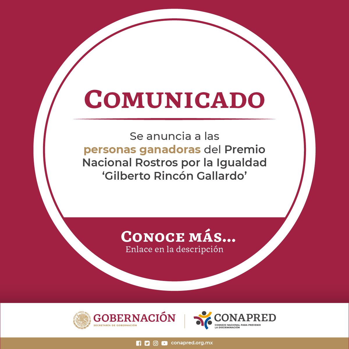 CONAPRED's tweet image. Conoce a las personas ganadoras del XVIII Premio Rostros por la Igualdad “Gilberto Rincón Gallardo” en sus cuatro categorías.

👉🏾 bit.ly/3Lj0Vcg

Porque el periodismo incluyente contribuye a la construcción de una sociedad más igualitaria.

#NadieAtrásNadieAfuera