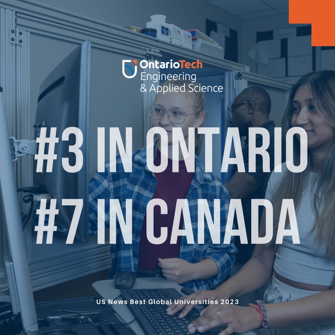 🌐News Alert! Ontario Tech University's engineering program has ranked 3rd overall in Ontario and 7th in all of Canada by USNews.com! This remarkable achievement reflects our dedication to global and regional research reputation, publications, and academic excellence