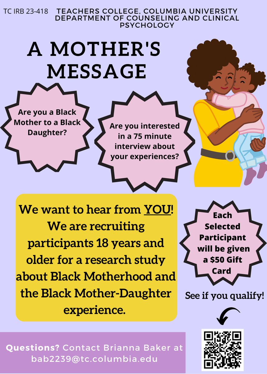 It's happening! Excited to launch my #Dissertation! Are you a Black mother? Do you have a daughter? We're launching a study to understand #Hope #Healing & Gendered Racial Experiences in Black mother-daughter relationships. 💜 Interested? shorturl.at/myLZ8