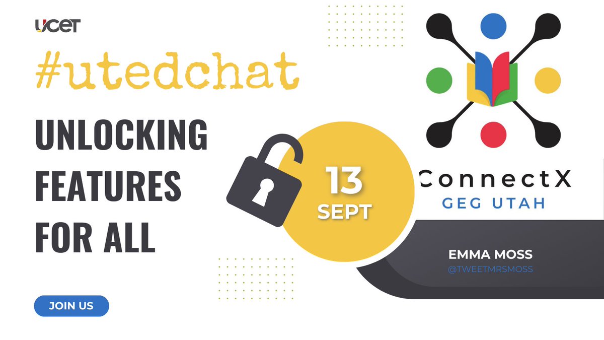 Be sure to join us this week for #utedchat w/ @GegUtah & @TweetMrsMoss - chatting about accessibility & learning for all on Sept 13 at 8 pm. Can't wait to see you there! @TeacherWinters @ditaylor2t @MsKelCan @HSG_UT @Darling_Math @Iancdavey @downrightdave @drsuzycox @pamturley55