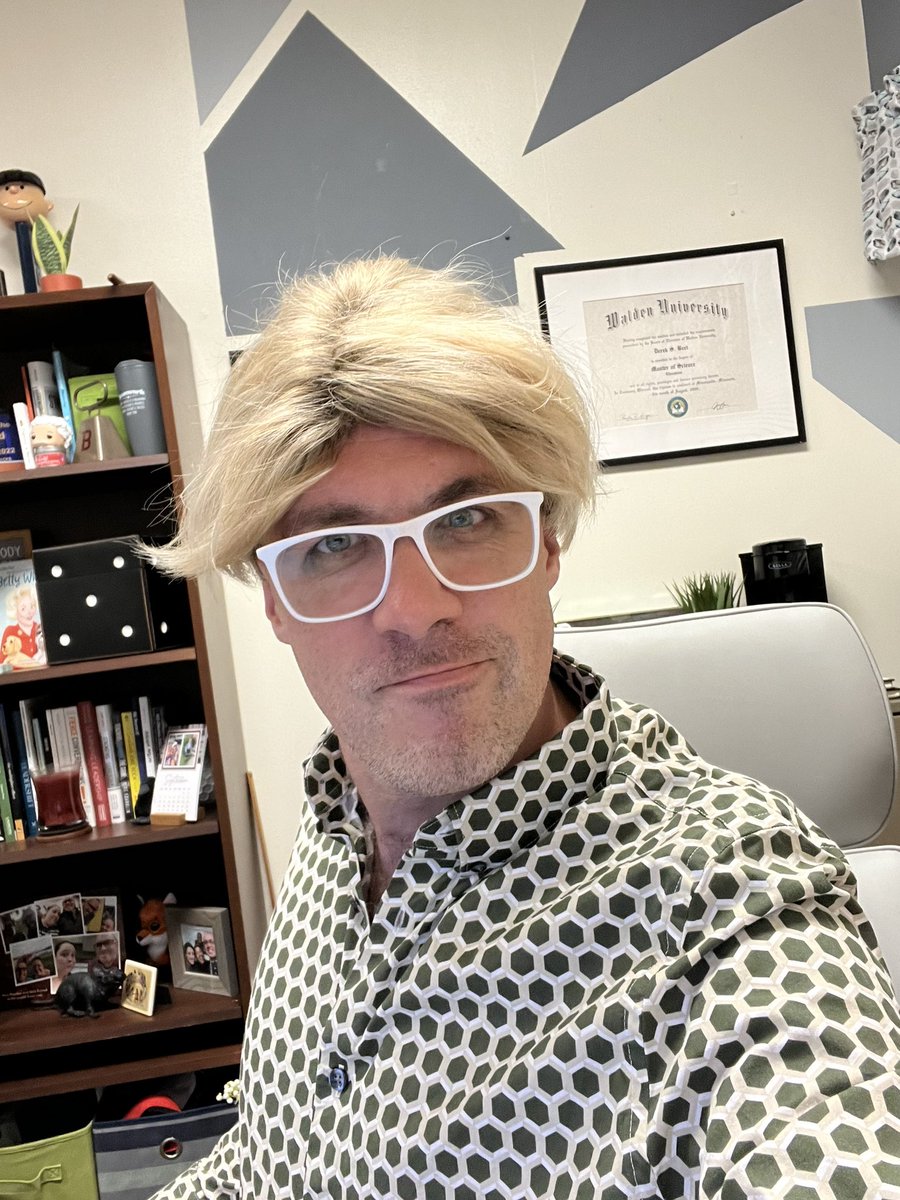 DHooverBeetFCPS's tweet photo. Day 13 of school and figured I’d spice things up with 90’s theme week for morning message to staff with my 90’s heartthrob hairdo.
Trivia question of the day: What fashion accessory was invented by a high school shop teacher?
#FunWithStaff https://t.co/TqvPLsviOA