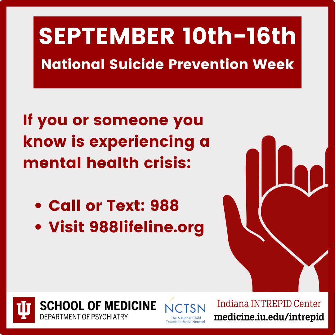 intrepidcenter's tweet photo. This week is National Suicide Prevention Week. Below are 5 steps you can take to support someone with suicidal thoughts:
1) Ask how they are doing
2) Listen and be there for them
3) Keep them safe
4) Help them build a support system
5) Follow up with them

Call/text @988Lifeline https://t.co/5bLWfZtijh