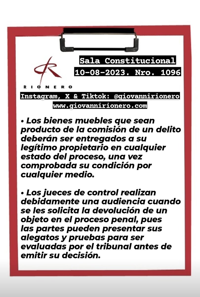 GiovanniRionero's tweet photo. #Devolución Reciente sentencia en la cual se reitera que los bienes muebles que sean objetos pasivos en la comisión de un delito deberán ser devueltos a sus legítimos propietarios. https://t.co/shsVTVdxwh