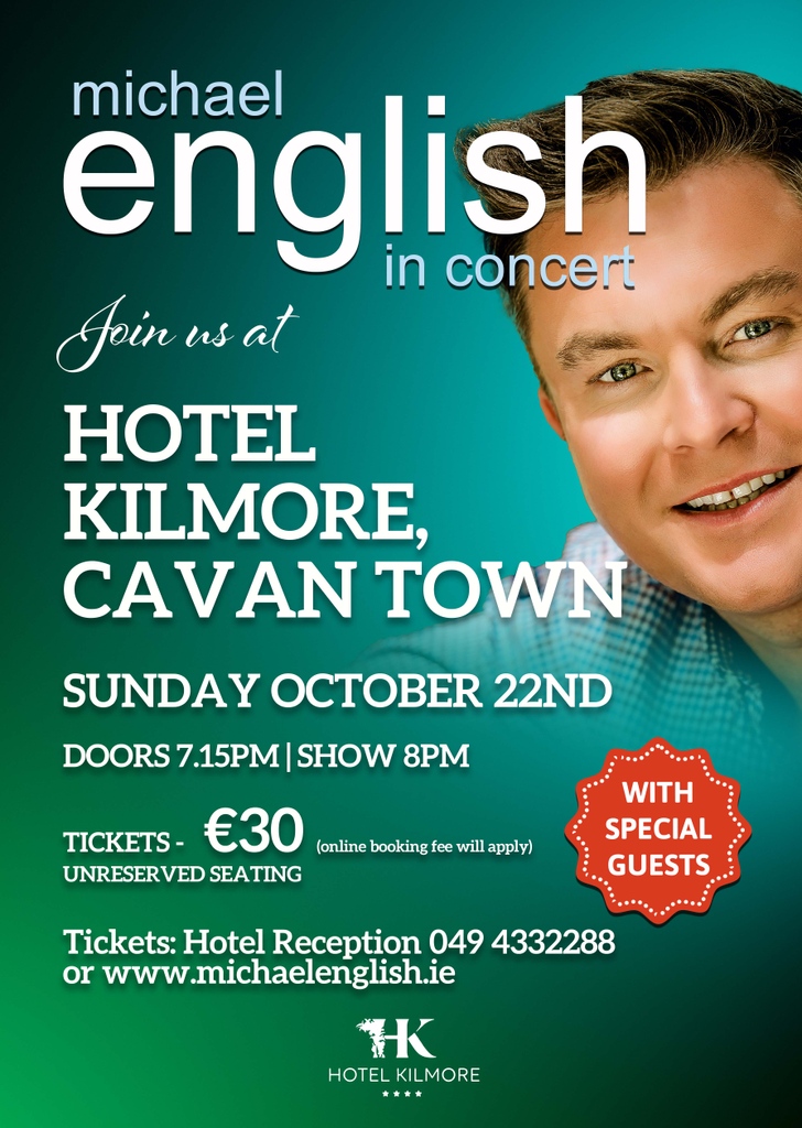 Join us for a night not to be missed when Michael English returns to the stage at Hotel Kilmore on Sun 22nd Oct🤩 Tickets are available from the hotel reception or through the link below👇🏻 michaelenglish.ie/?page_id=10772 #hotelkilmore #cavan #concert #music #michaelenglish #live