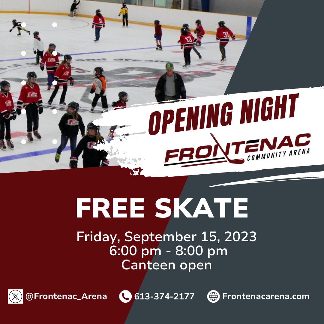 SthFrontenacTwp's tweet photo. The opening night at @Frontenac_Arena is this Friday Sep 15 with free public skating from 6-8 pm. Public skating starts Sep 17 and will be on on Sundays from noon to 1:30 pm and Wednesdays from 9-10:30 am and costs $3 per person. See you there!⛸️ https://t.co/C0K9TEjefB