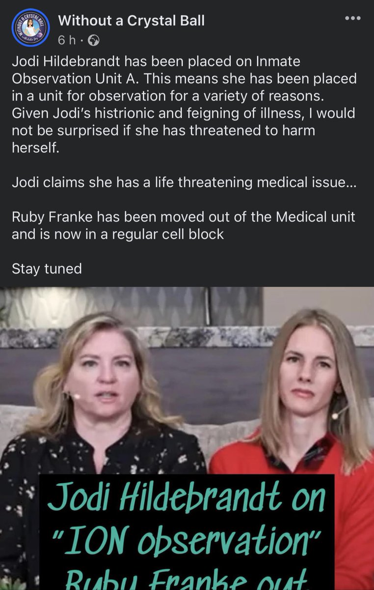 “Jodi Hildebrandt has been placed on Inmate Observation Unit A. This means she has been placed in a unit for observation…” “Stay tuned” Oh I will, I am absolutely glued to this riveting ✨journalism✨ #woacb #katiejoy