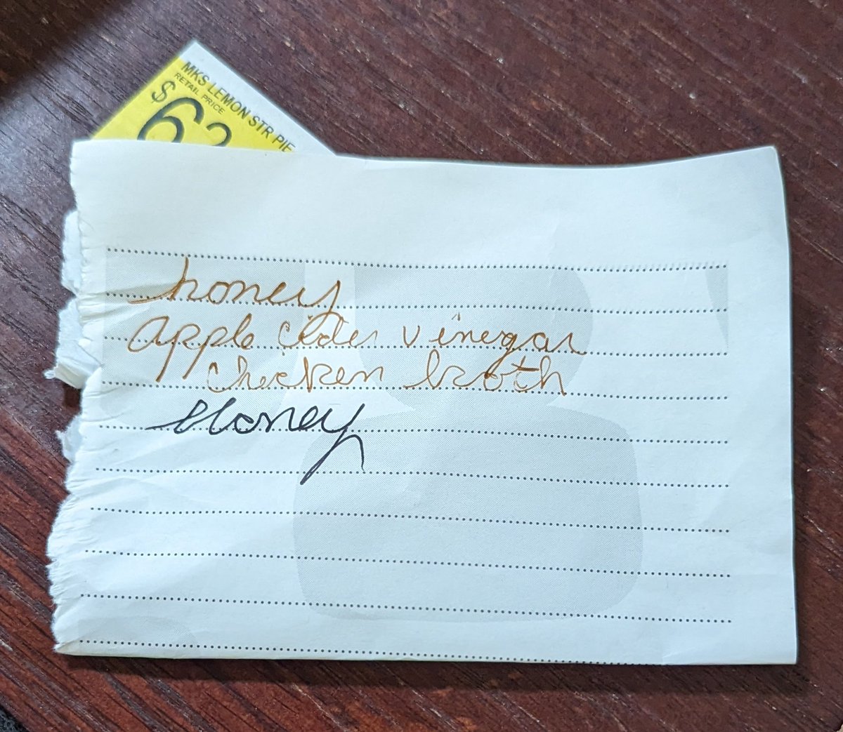 I saw this discarded shopping list at the store and it only contains 4 items and 2 of them are honey and I must know more. This should be one of those writing assignments where you have to come up with a story based solely on this list