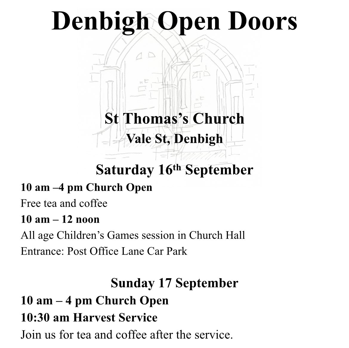 Join us this weekend for Denbigh ‘Open Doors’ plus our Harvest Service on Sunday morning at 10:30am.