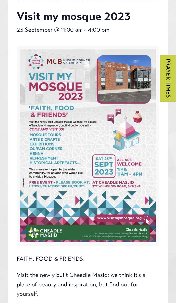 Visit My Mosque 2023 
Faith Food and Friends 

A warm invitation to the wider community, people of other faith

An ideal opportunity to find out what Muslims and Mosques are all about .
#StockportSchools #Stockport #VisitMyMosque #EDS @MuslimCouncil @CheadleMasjid