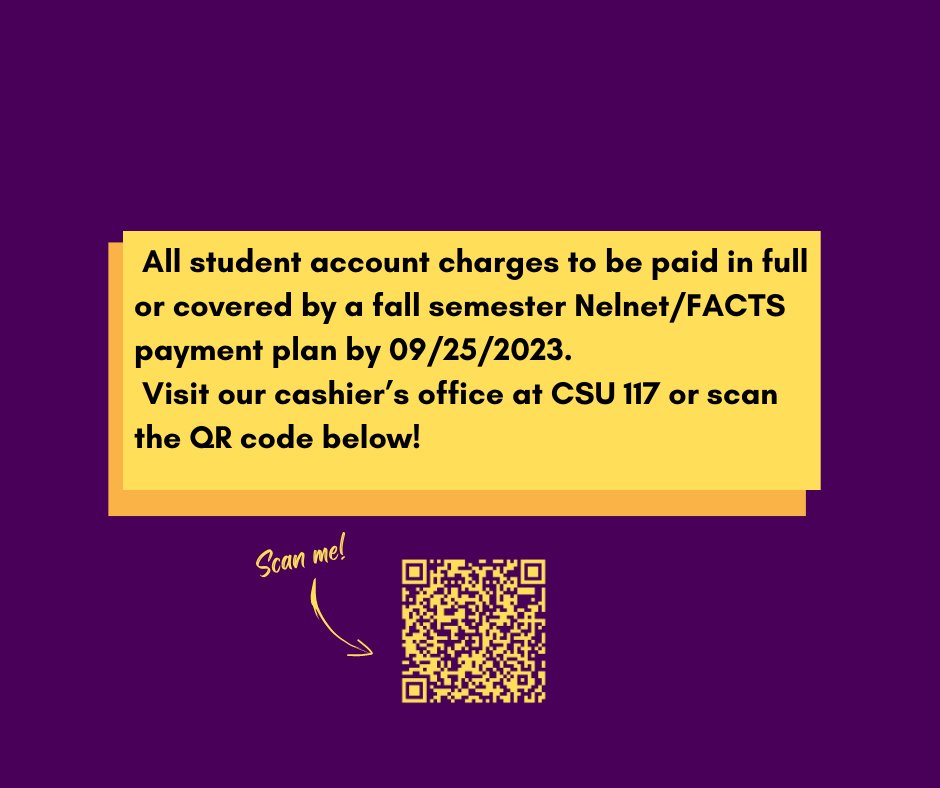 REMINDER FOR ALL MAVERICKS!
As we start to ease into our Fall semester classes, we would like to remind you that fall semester bill deadline is fast approaching!
Visit our Cashier’s Office on campus at CSU 117 or scan the QR code for more info!