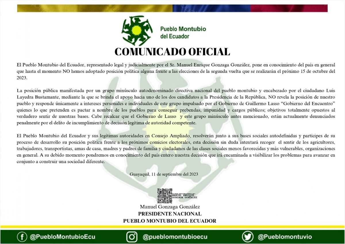 Pueblomontuvio's tweet photo. 🔴URGENTE-COMUNICADO
EL GOBIERNO DE Guillermo Lasso SIGUE INTENTANDO ILEGALMENTE TOMARSE EL Pueblo Montubio del Ecuador Y PACTAR.
EL PUEBLO MONTUBIO NO HA TOMADO NINGUNA DECISIÓN DE APOYAR A NINGUNA TENDENCIA HASTA EL MOMENTO @DanielNoboaOk  @LuisaGonzalezEc https://t.co/rSdRJrPlVk