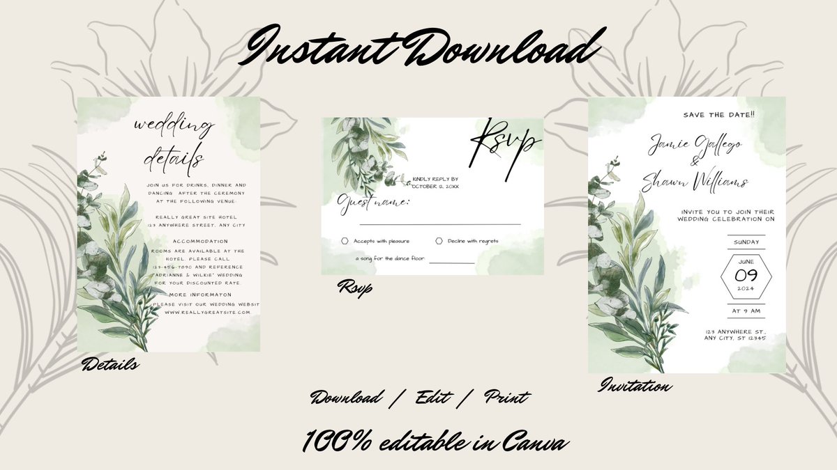 TheCheekyChoice's tweet photo. Printable Wedding Invitations Set, RSPV Wedding Invitation, Green Floral Wedding Invite, Wedding Invite Information, Editable Canva Template https://t.co/SB0vrtpdgg #wedding #white #green #invitationtemplate #floralwedding #sagegreen #weddingsuite #floral #savethedate https://t.co/KOzygkaSvU