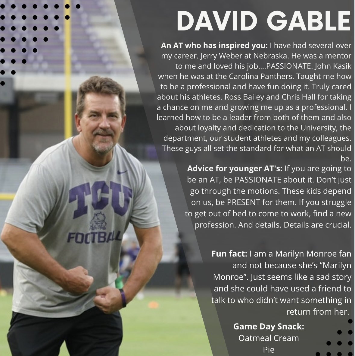 Happy Monday! We want to begin our Staff Spotlights by introducing our Director of Sports Medicine and Head Football Athletic Trainer✨David Gable MS, ATC, LAT, ROT!✨