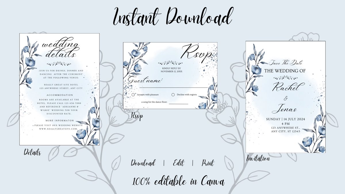 TheCheekyChoice's tweet photo. Printable Wedding Invitations Set, RSPV Wedding Invitation, Blue Floral Wedding Invite, Wedding Invite Information, Editable Canva Template https://t.co/8a1D9NKmEX #blue #wedding #weddinginvitation #invitationtemplate #floralwedding #weddinginvite #weddinginvitation #weddingsuite https://t.co/nXYyuCpFYJ
