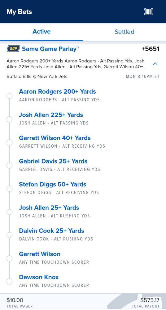 SITDPicks's tweet photo. Monday Night's Shot in the Dark Parlay. 
Wasn't the best week 1 but still came away with 1 win in the books. Time to close it with a big one. 
Share some of your week 1 bets, and what overreactions you got! https://t.co/mxuxZlaNI5