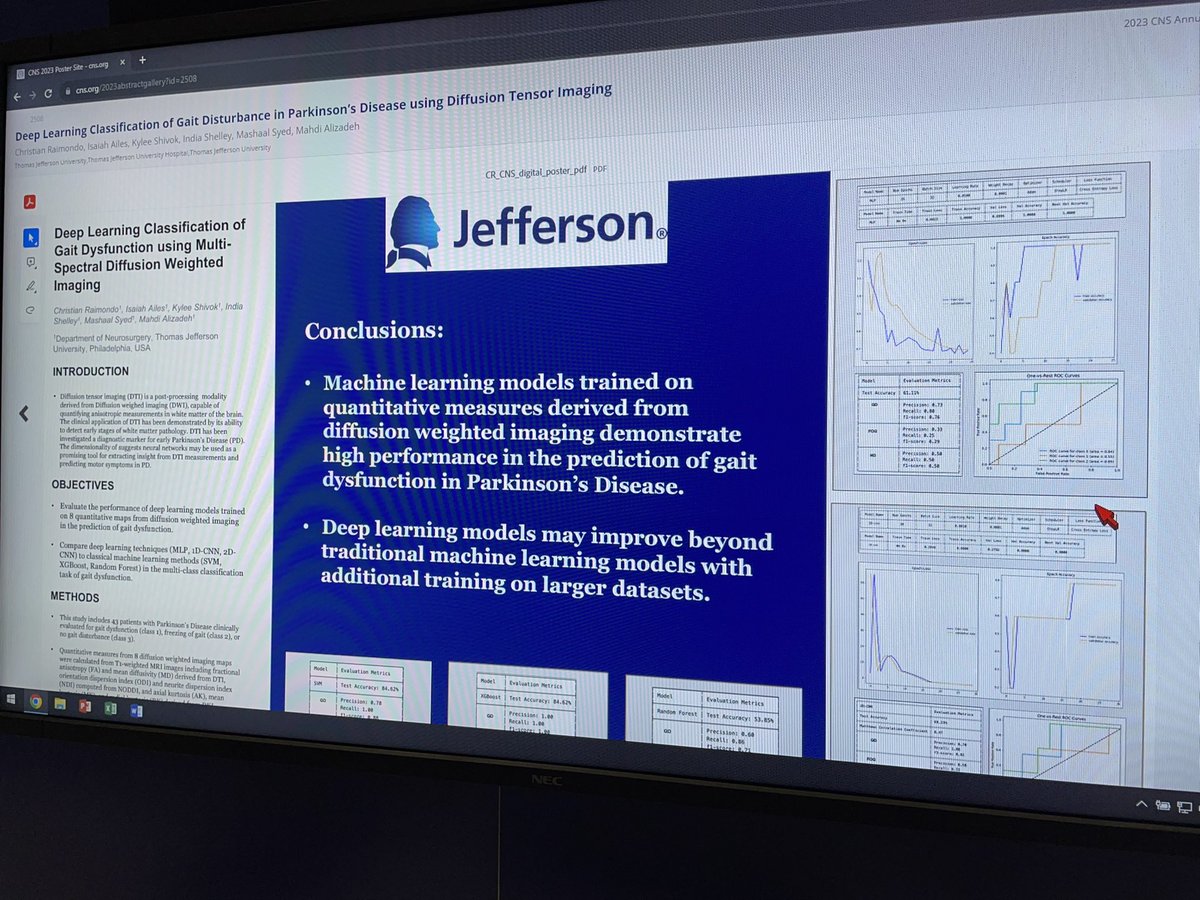 Machine learning approaches based on multi parametric diffusion imaging to predict gait and freezing of gait. Presented by my neuroimaging team member and our MS2 <a href="/CdRaimondo/">Chris Raimondo, MS</a> #CNS2023 
<a href="/CNS_Update/">CNS</a> <a href="/TJUHNeurosurg/">Jefferson Neurosurgery</a> <a href="/Jeff_PD_center/">Jefferson Health Comprehensive PD Center</a>