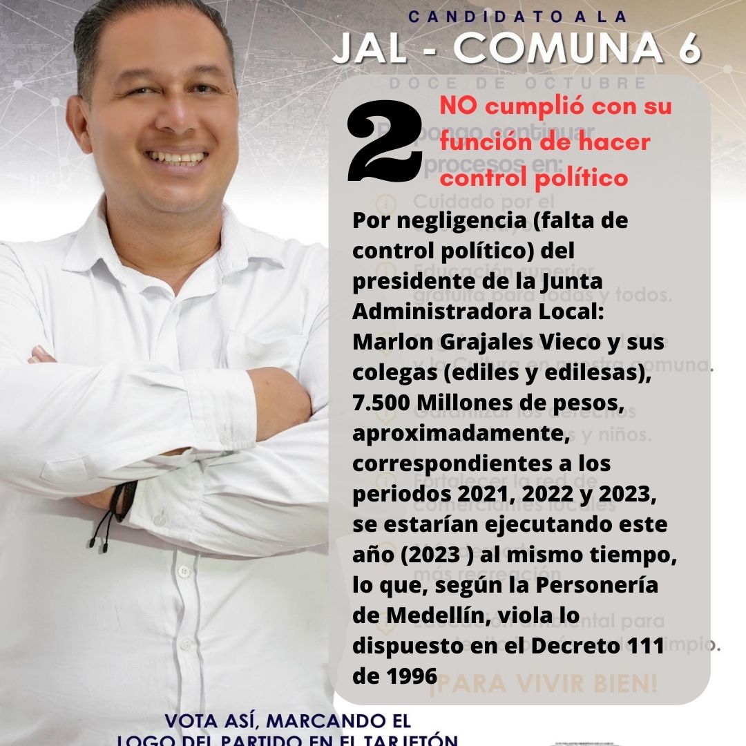 veeduplancomuna's tweet photo. 𝗦𝗔𝗡𝗖𝗜Ó𝗡 𝗦𝗢𝗖𝗜𝗔𝗟
¡Cuide su Voto!
¡Vote Informado!
Marlon Grajales Vieco, candidato Junta Administradora Local Comuna 6 (2024-2027).
1. Condenado en 2 ocasiones por no cumplir los fallos de tutela
2. NO cumplió con su función de hacer control político. https://t.co/ayHnHCZ3TM