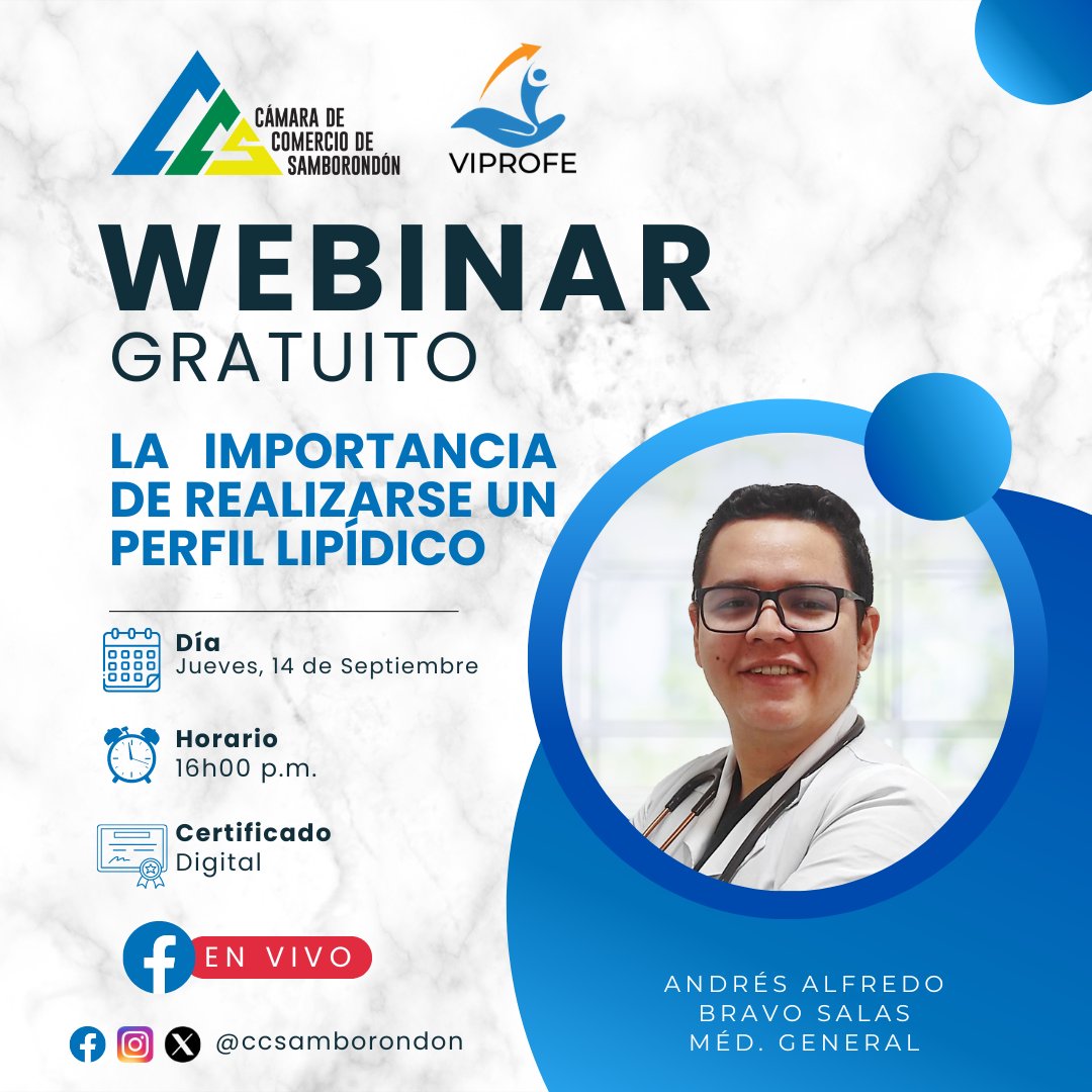 ccsamborondon's tweet photo. ��� WEBINAR: "Importancia del Perfil Lipídico" 🗓️ Jueves, 14 de septiembre, 16:00 hs 📄 ¡Obtén tu certificado digital! 🚀 Regístrate aquí: https://t.co/rUGJjhFyAO https://t.co/zx9u3THuo1