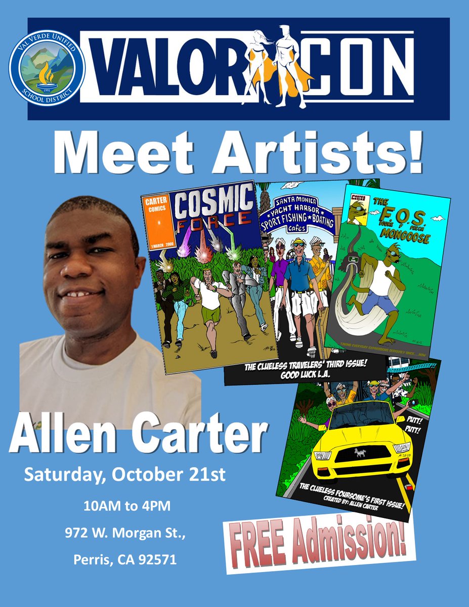 DrGregMcWhorter's tweet photo. Allen Carter will be bringing his Carter Comics universe to Valor Con! Learn about all of comic books and characters!
#comiccon #comicbookconvention #comicartist #comicbook #artist #comicartist #valorcon #cosplay #gaming #warhammer40K #dungeonsanddragons #magicthegathering https://t.co/Io0L4fgTjp