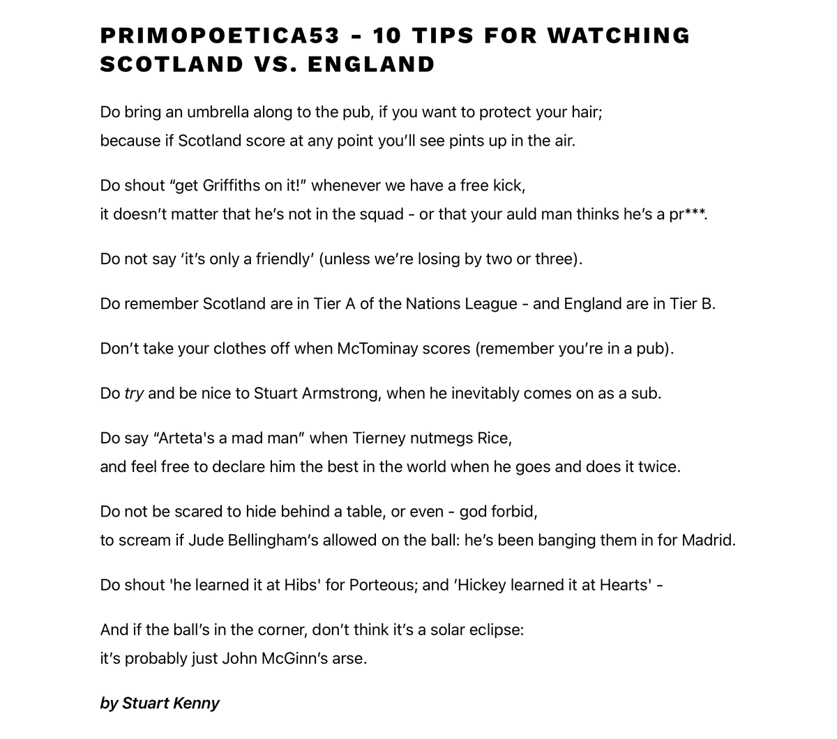 Hampdeners's tweet photo. Our Makar of Primo Poetica @StuartKenny is giving you his top tips for watching the big #ScoEng1872 match tonight.
Poem No. 53 of a magnificent poetry collection passing the โpoetry of footballโ around the world.
Click here -
https://t.co/GMFNqfN0cp
๐ด๓ ง๓ ข๓ ณ๓ ฃ๓ ด๓ ฟ Good luck Scotland ๐ฅ https://t.co/w2WXgsS5yv