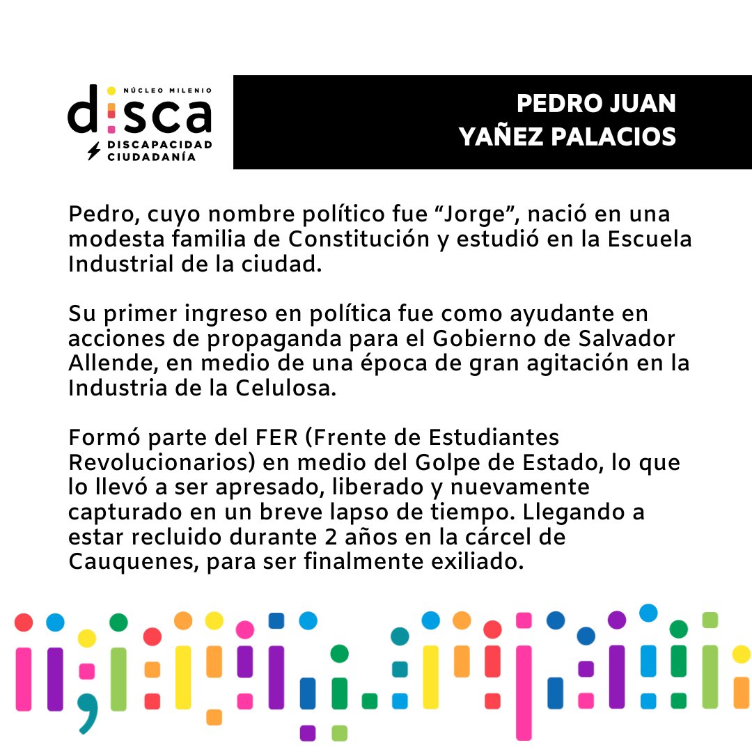 NucleoDISCA's tweet photo. #DiscadurayDiscapacidad PEDRO JUAN YAÑEZ PALACIOS (29 años), #Neltume, 1981
Ayudante electricista con discapacidad física y #EjecutadoPolítico del #MIR. 

#Discapacidad #Dictadura #GolpeDeEstado #Neltume #Pedroyañez https://t.co/tXQzX8hpUZ