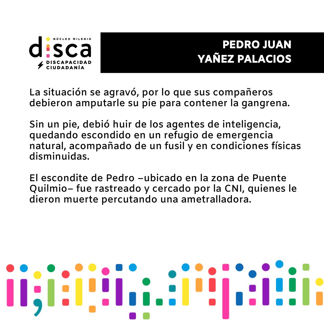 #DiscadurayDiscapacidad PEDRO JUAN YAÑEZ PALACIOS (29 años), #Neltume, 1981
Ayudante electricista con discapacidad física y #EjecutadoPolítico del #MIR. 

#Discapacidad #Dictadura #GolpeDeEstado #Neltume #Pedroyañez