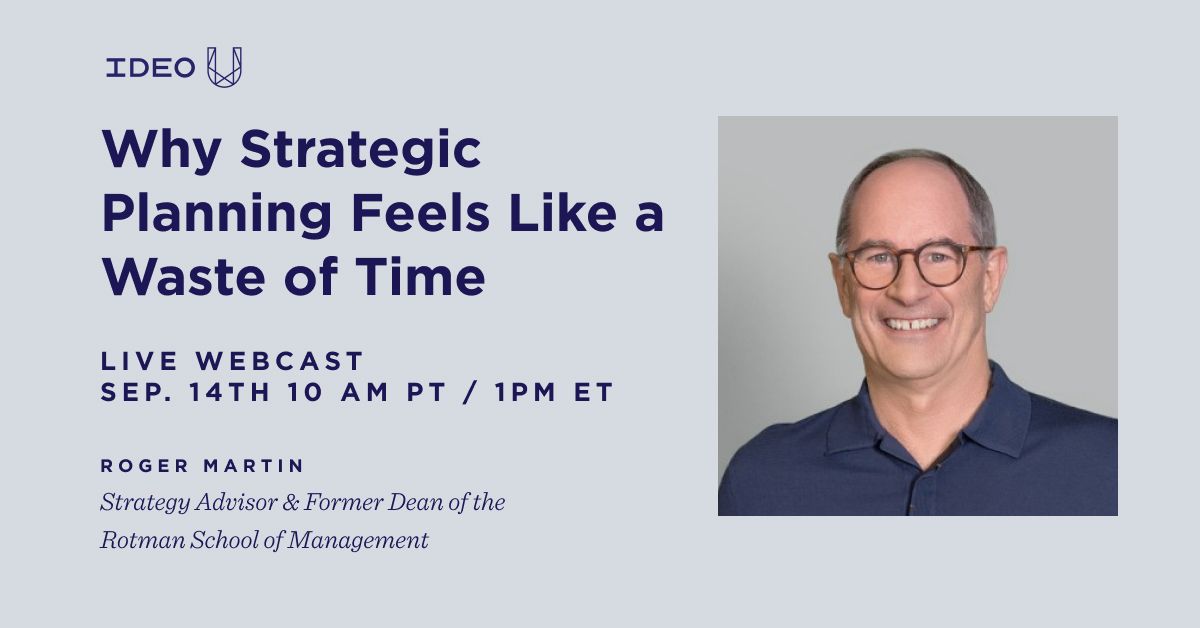 ideo's tweet photo. Is your strategy just a plan in disguise? Roger Martin, advisor to LEGO & P&G, dives deep into strategy pitfalls and wins in our Creative Confidence Series. Tune in: https://t.co/gXzMLEht1z
#ideou #creativeconfidenceseries #strategicplanning https://t.co/TmUrtrXS49