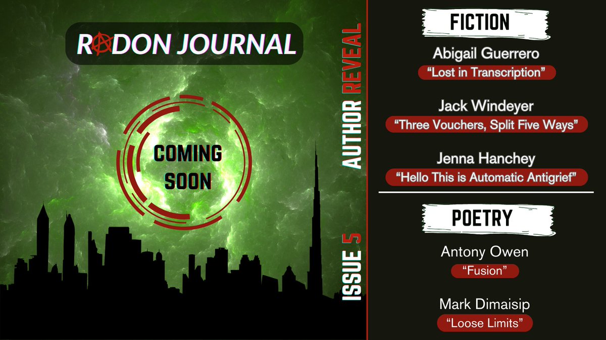 Our first of four author reveals this week! Meet <a href="/_gail_guerrero/">Abigail Guerrero 🇲🇽</a>, <a href="/mrgnchrncls/">Margin Chronicles</a>, @jennahanchey, Antony Owen, and <a href="/dimaisipnasagot/">Mark Dimaisip 🇵🇭</a>

All will be bringing you talented work when Radon Issue 5 launches worldwide this Friday, September 15th #WritingCommunity