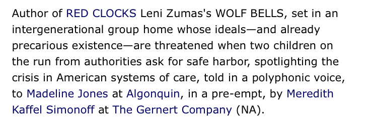 My new novel, WOLF BELLS, is on its way into the world! I'm thrilled to be working with <a href="/MadelineCJones/">Madeline Jones</a> at <a href="/AlgonquinBooks/">Algonquin Books</a> &amp; to have the brilliant <a href="/mere215/">MKS</a> in my corner.  🎉🐺🔔🖤 "A bell is a cup... until it is struck" (Wire).
