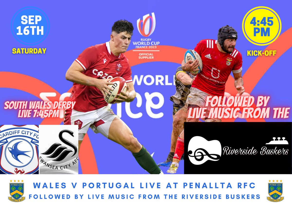 Jam packed day at the club Saturday after we face Bargoed! Wales v Portugal, Cardiff City v Swansea City and live music from the Riverside Buskers!!! Don’t miss out get back to the clubhouse 💙💛 #uppapitmen #welshrugby #localderby #rugbyunion #rugby #rugbyclub #football