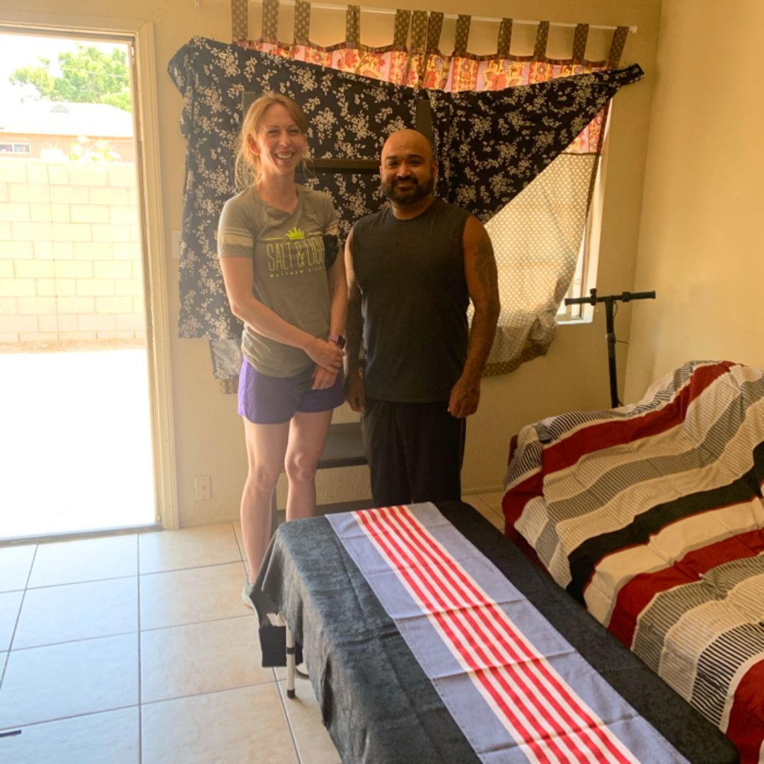 "We were able to bless a sweet man with a shelving unit and coffee table. The Lord has helped him overcome substance
abuse and brought him into a new journey in life as he pursues his education to become a counselor. Thank you, Jesus!"
