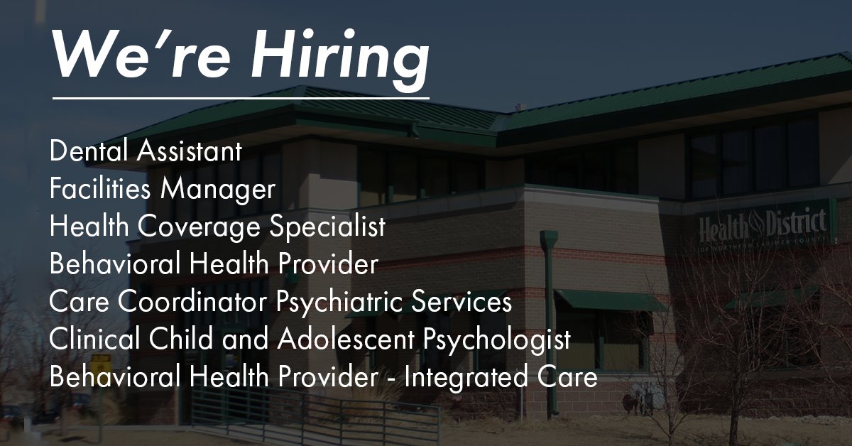 We're hiring: 

Dental Assistant
Facilities Manager
Health Coverage Specialist
Behavioral Health Provider
Care Coordinator Psychiatric Services
Clinical Child and Adolescent Psychologist
Behavioral Health Provider - Integrated Care

Learn more and apply: healthdistrict.org/careers