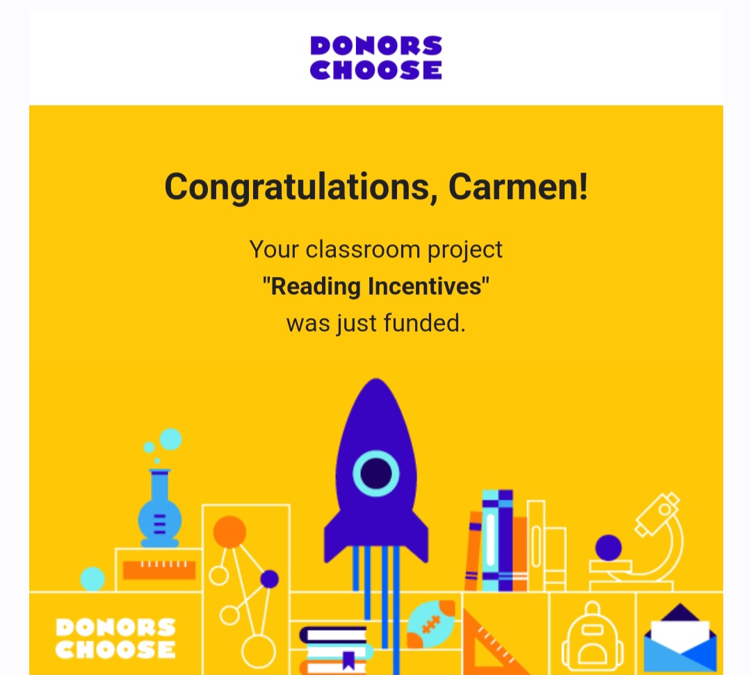 My <a href="/DonorsChoose/">DonorsChoose</a> project was just fully funded. A huge thank you to <a href="/PandaExpress/">Panda Express</a> for funding my READING INCENTIVE PROJECT. 
#PANDACARES