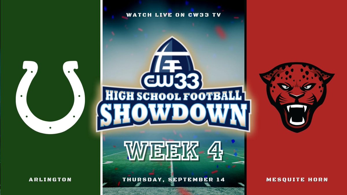 This week, our @CW33dfw High School Football Showdown crew is headed to... 𝑴𝑬𝑺𝑸𝑼𝑰𝑻𝑬! We'll have coverage of @ahscoltfootball at @HornJagsRecruit Thursday beginning at 7 o'clock. Watch LIVE on CW33 TV in DFW. Simulcast on @NFHSNetwork worldwide.