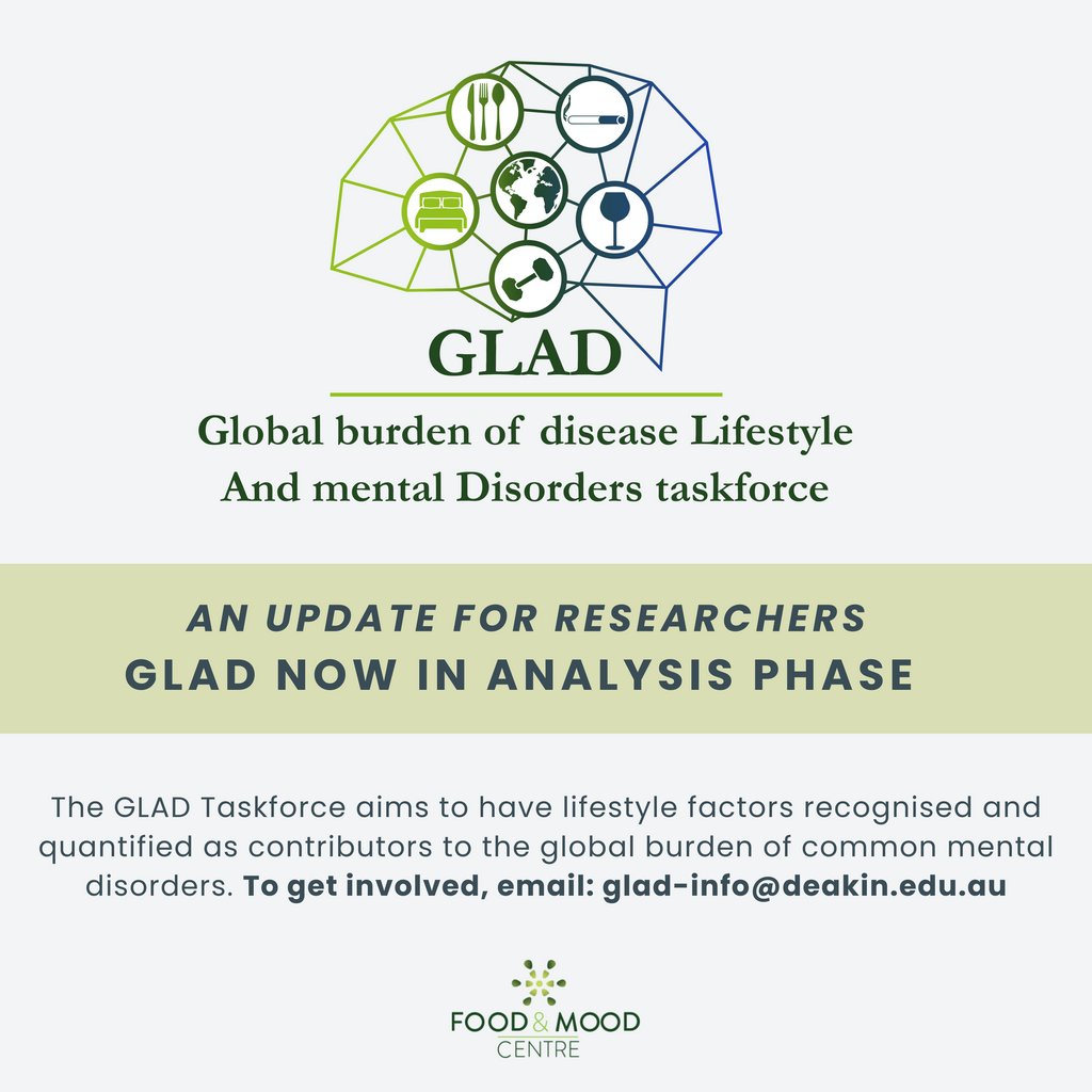 RESEARCHER ANNOUNCEMENT! GLAD is now in the analysis phase to achieve our aim of having lifestyle factors recognised and quantified as contributors to the global burden of common mental disorders. If you’re a researcher and want to get involved, email: glad-info@deakin.edu.au