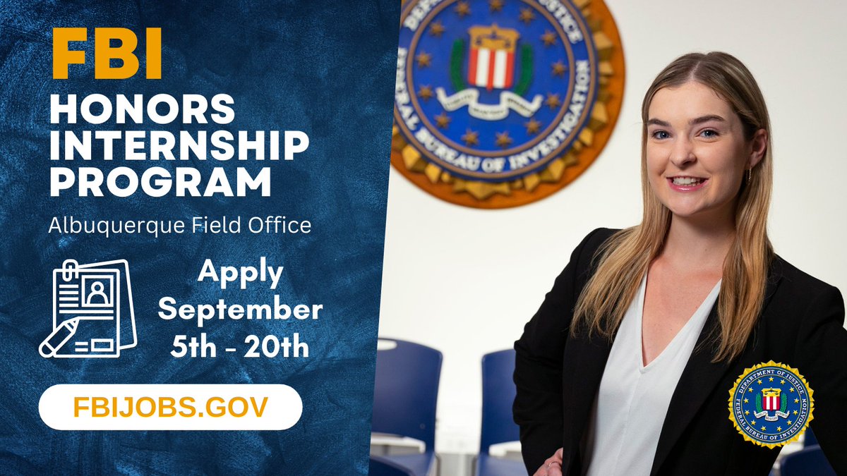 FBIAlbuquerque's tweet photo. There are 9️⃣ days left to apply for the FBI Honors Internship Program! 📚🍎 Check out https://t.co/ZJEMIjpB68 for the application and eligibility requirements.  #FBIinternship #InternshipOpportunity #CareerGoals #FutureFBIAgent https://t.co/BL1vsjCAZm