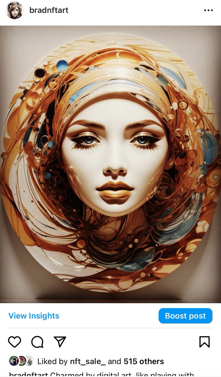 Bradroy22's tweet photo. Seeing the phenomenal response to @bradnftart's latest piece on Instagram - 1000 likes in 5 minutes!🔥 I predict a luminous future for #NFTs on Instagram, especially considering the album's dynamic nature. This combo could open a creative galaxy yet unexplored! 💫 #NFT #CryptoArt https://t.co/upmGEAULGH