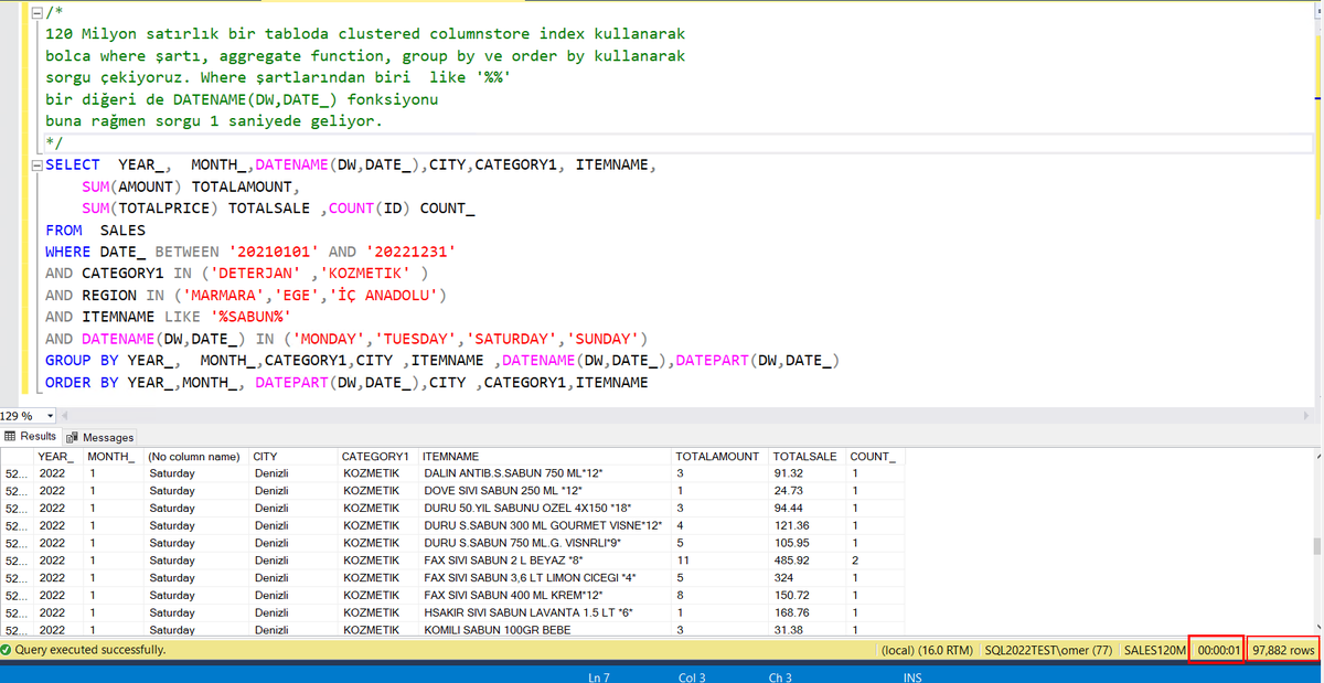 omer_colakoglu's tweet image. MSSQL&apos;de 120M satırlık tabloda clustered columnstore index kullanarak bolca where şartı, aggregate function, group by ve order by kullanarak sorgu çekiyoruz.
Where şartlarında like &apos;%%&apos;
ve DATENAME(DW,DATE_) fonksiyonu var
ve sorgu 1 saniyede geliyor. 🚀
#hergüne1sqlbilgisi