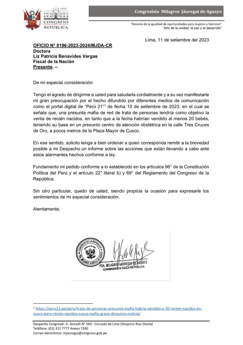 🚨#Fiscalización |Ante la presunta red de trata de personas que se enfoca en la venta de recién nacidos y ha vendido al menos 20 bebés, con sede en Cusco, he solicitado al <a href="/MimpPeru/">Ministerio de la Mujer y Poblaciones Vulnerables</a> y al <a href="/FiscaliaPeru/">Ministerio Público</a> un informe sobre las medidas para prevenir y erradicar estos hechos alarmantes.